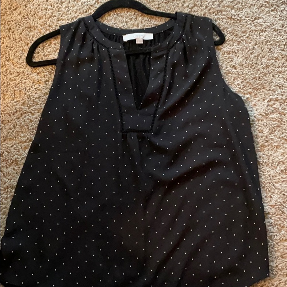 Navy blue with white polka dot blouse